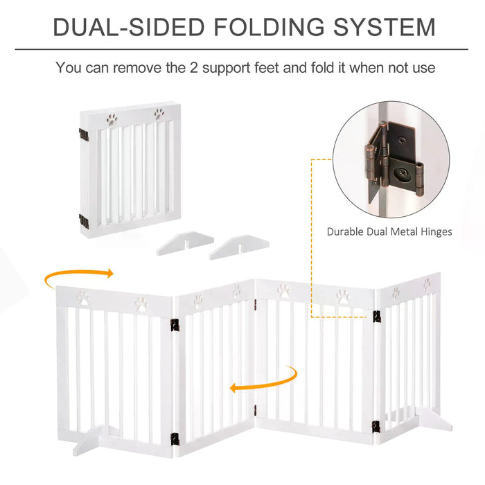 4 Panel Folding Wooden Pet Gate - Freestanding Barrier for Dogs with Support Feet - Ideal for Stair Safety and Room Separation