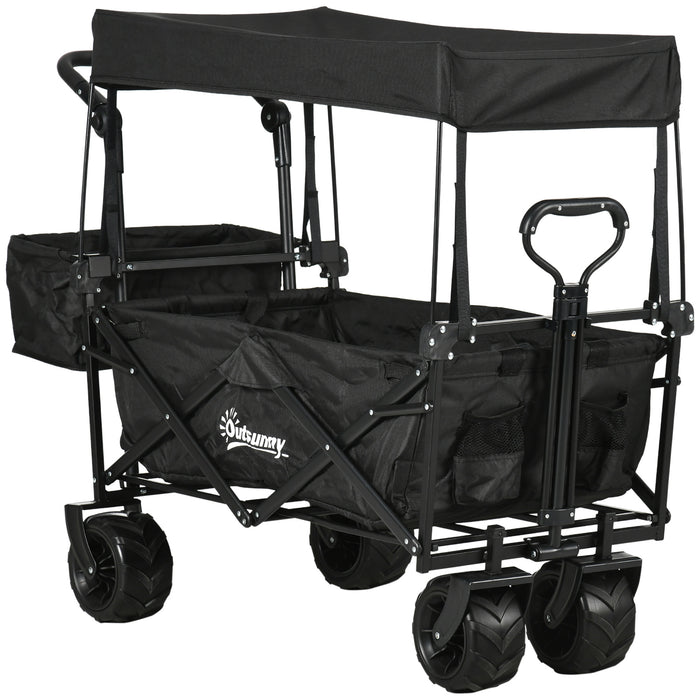 Beachcomber All-Terrain Folding Wagon - 4-Wheel Storage Trolley Cart with Handle and Overhead Canopy - Portable Push-Pull Trailer for Camping and Beach Outings, Black