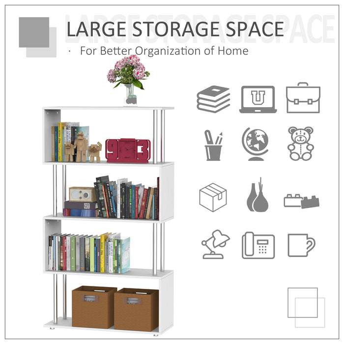 S-Shaped Wooden Bookshelf - Multi-Tier Storage Display Unit in White - Ideal for Organizing Books and Decor in Style