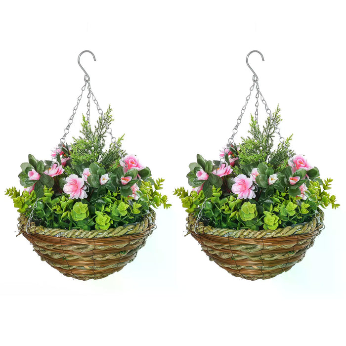 Artificial Lisianthus Flower Arrangement - Set of 2 Hanging Planters with Baskets for Décor - Enhances Indoor & Outdoor Spaces