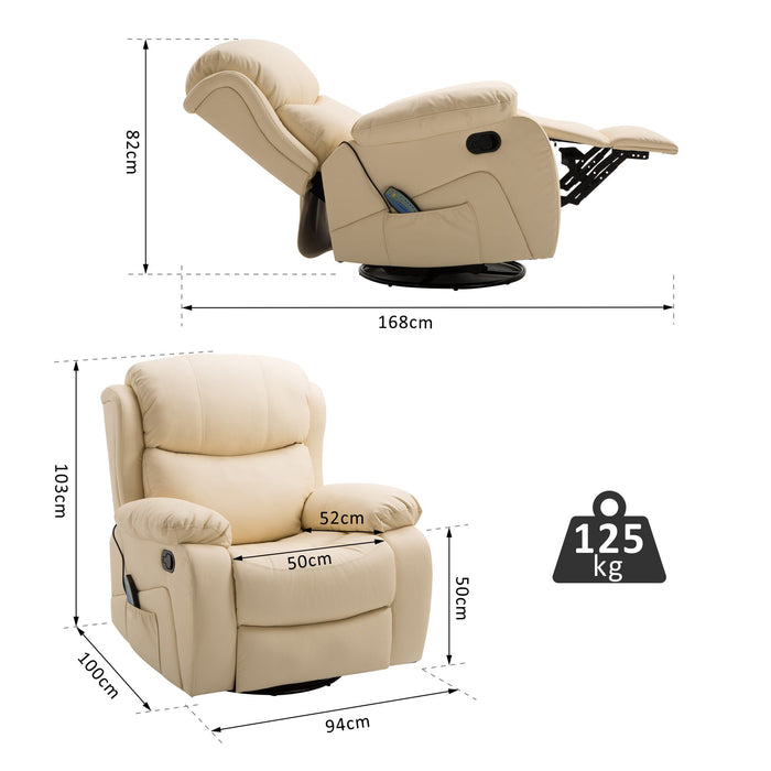 PU Leather Recliner with Heat and Massage - 8-Point Vibrating Recliner with Swivel Base and Footrest - Comfortable Seating Solution for Relaxation and Stress Relief, Beige