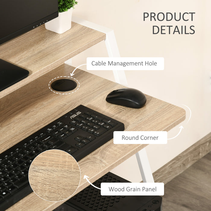 White and Oak Writing Desk - Computer Table with Storage Shelf for Home Office - PC Laptop Workstation for Remote Work and Study