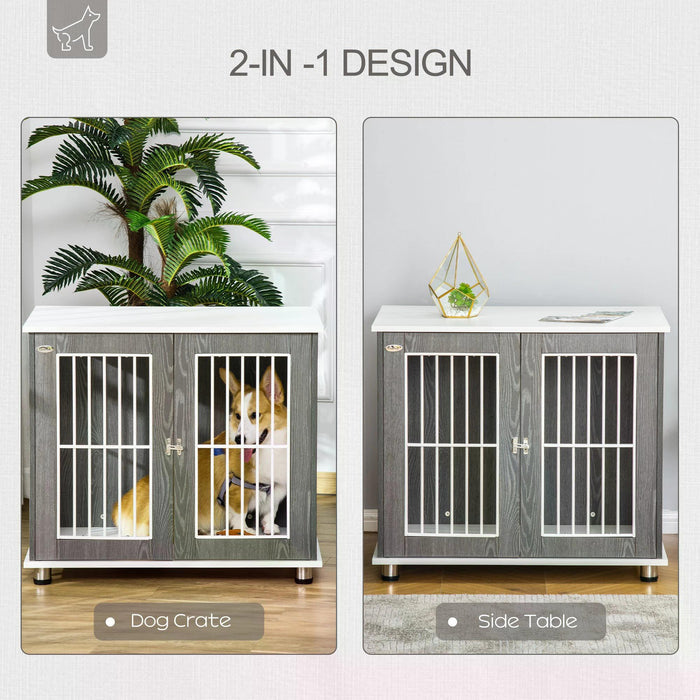 Elegant Wooden Dog Crate Kennel - Lockable Door, Adjustable Foot Pads, Modern Grey & White Design - Stylish Pet Enclosure for Home Safety and Comfort