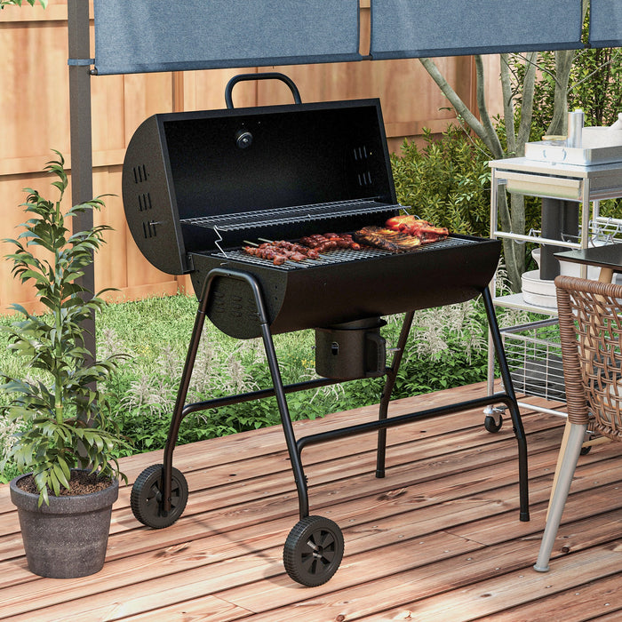 Barrel Charcoal BBQ Grill Trolley with Wheels - Outdoor Patio Cooking Station in Sleek Black - Ideal for Grilling Enthusiasts and Backyard Cookouts