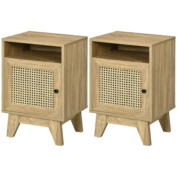 Natural Rattan-Styled Bedside Table - Compact Side End Table with Storage Shelf and Cupboard, 39x35x60 cm - Ideal for Bedroom Organization and Charm