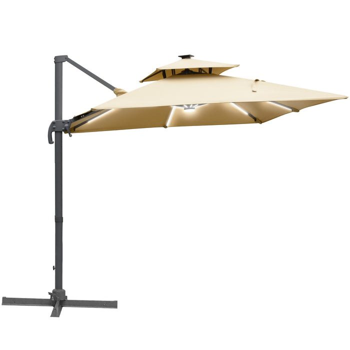 3M Cantilever Roma Parasol - Adjustable Outdoor Umbrella with Solar LED, Tilt, Crank Handle, Cross Base - Ideal Sun Shade for Garden, Patio in Khaki