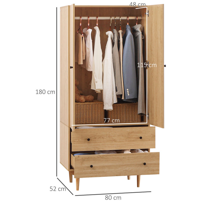 2-Door Wardrobe with Drawers and Hanging Rail - Bedroom Clothes Storage Organizer, 80x52x180cm - Ideal for Home Space-saving & Neatness