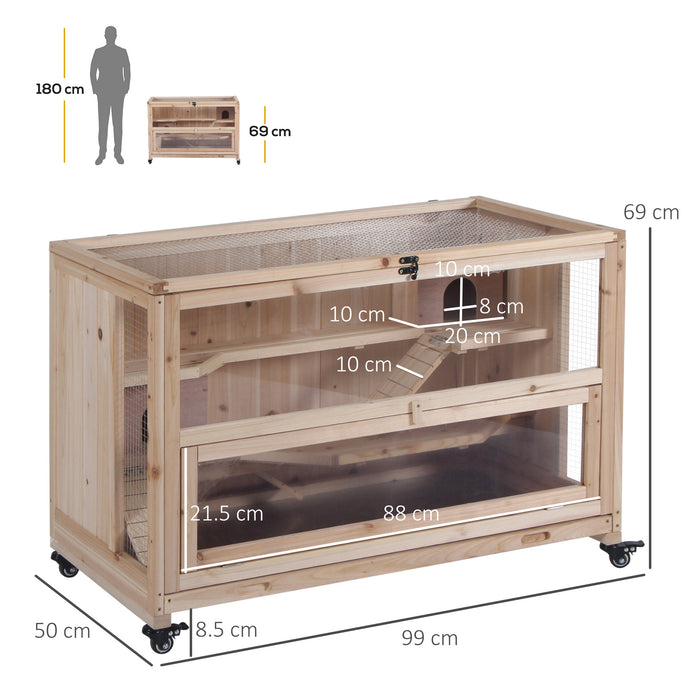 3-Tier Wooden Hamster Cage with Wheels - Exercise Play House for Mice & Small Rodents, Bottom Tray Included - Spacious Hutch for Pet Comfort, 99x50x69cm, Natural Wood Finish