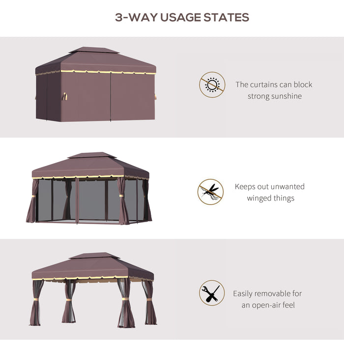 Aluminium Alloy 3x4m Gazebo - Outdoor Marquee Canopy Pavilion with Nets and Sidewalls, Coffee Color - Ideal Garden Party & Patio Shelter