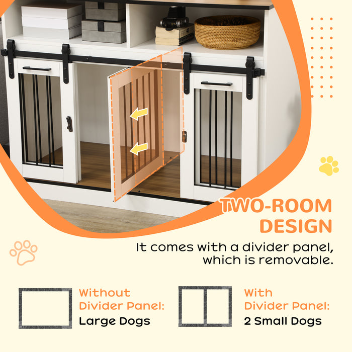 Multi-Functional Dog Crate End Table - Spacious Pet Cage with Adjustable Divider, Storage Shelves & Sliding Doors - Ideal for Small to Large Breeds, Home Decor Integration, White, 120x60x88.5 cm