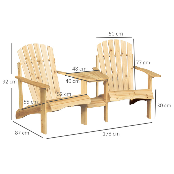 Double Adirondack Wooden Loveseat with Center Table - Garden Patio Chair with Umbrella Hole for Outdoor Lounging - Ideal for Relaxation and Comfort in Natural Scenery