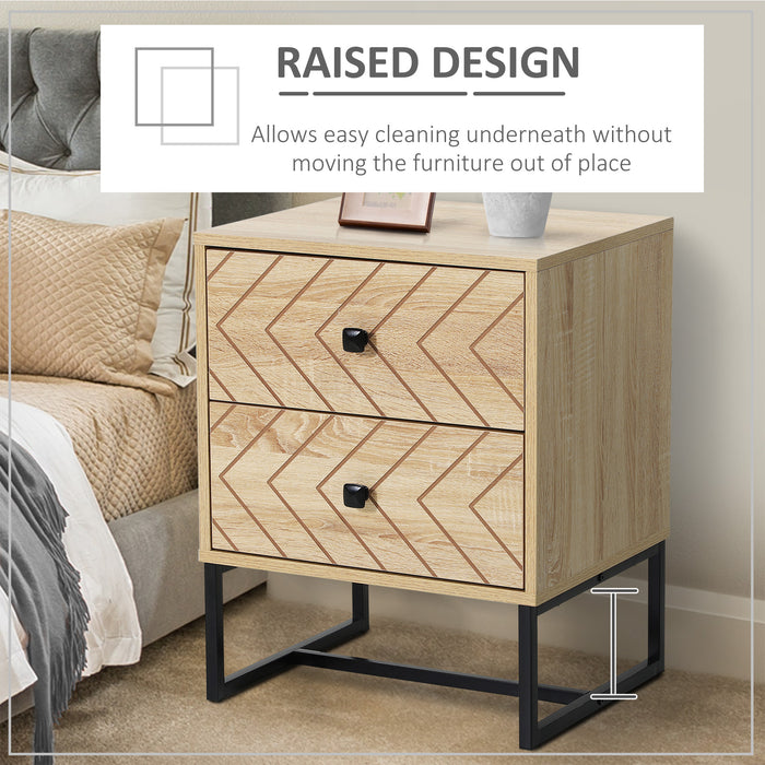 Two-Drawer Bedside Table Nightstand - Modern Zigzag Storage Unit with Black Metal Handles and Durable Melamine Finish - Stylish Bedroom Organization Solution