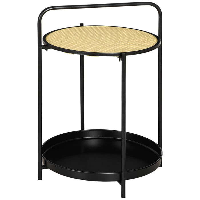 Detachable Tray Top Round Side Table - Steel Framed End Table with Plastic Rattan Shelf - Versatile Accent Furniture for Storage and Display