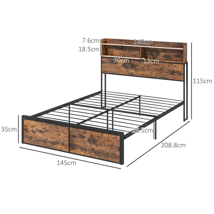 Double Industrial Bed Frame with Storage - 4.8FT Steel Base, Headboard, and Footboard - Ideal for Maximizing Bedroom Space, Rustic Brown, 145x209cm