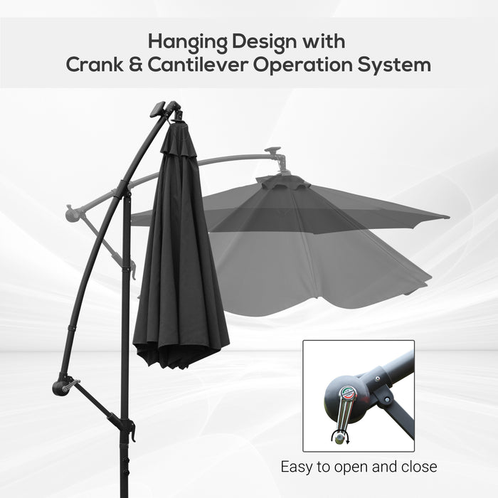 LED Solar-Lit Banana Parasol - 3m Cantilever Garden Umbrella with Crank Handle and Cross Base - Stylish Hanging Sunshade for Outdoor Relaxation