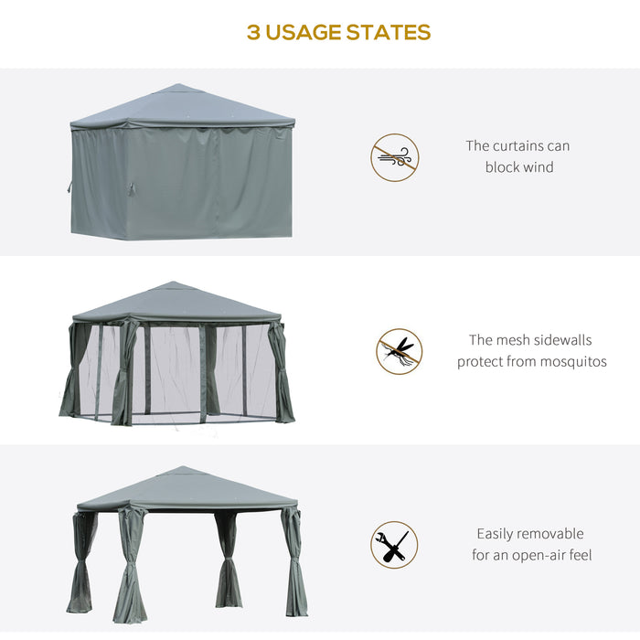 Garden Pavilion Gazebo Canopy - 3m Aluminum Party Tent with Curtains and Netting Sidewalls, Grey - Perfect for Patio Shelter and Outdoor Celebrations