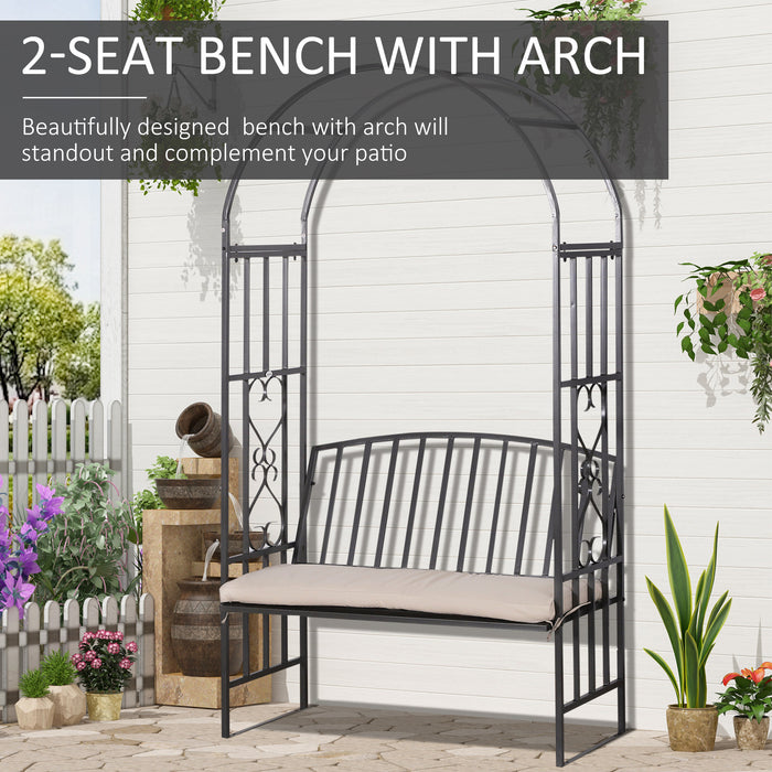 Outdoor Metal Arch Bench with Cushion - Patio Rose Trellis Arbour Chair, Climbing Plant Support - Garden Pergola Seating for Relaxation and Landscaping