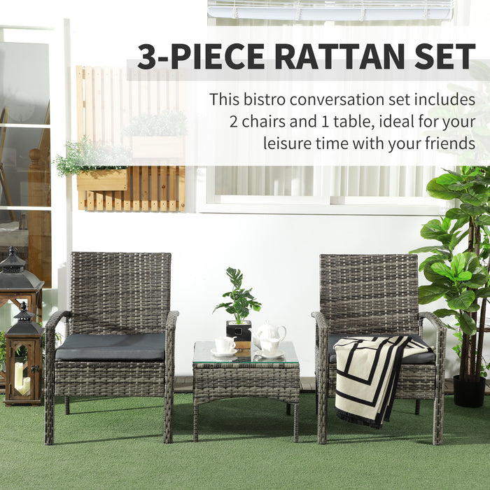 Outdoor Rattan Bistro Set - 3-Piece Patio Wicker with Coffee Table and Cushioned Chairs, Mixed Grey - Ideal for Balcony and Conservatory Spaces