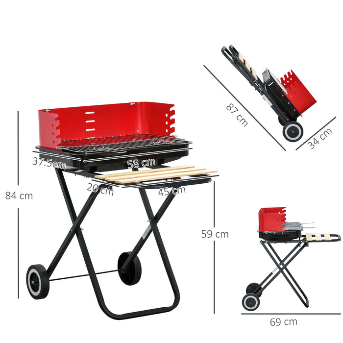 Foldable Charcoal BBQ Grill with Windshield - Portable Garden Barbecue Trolley with Wheels & Side Trays - Ideal for Outdoor Cooking, Red/Black Design