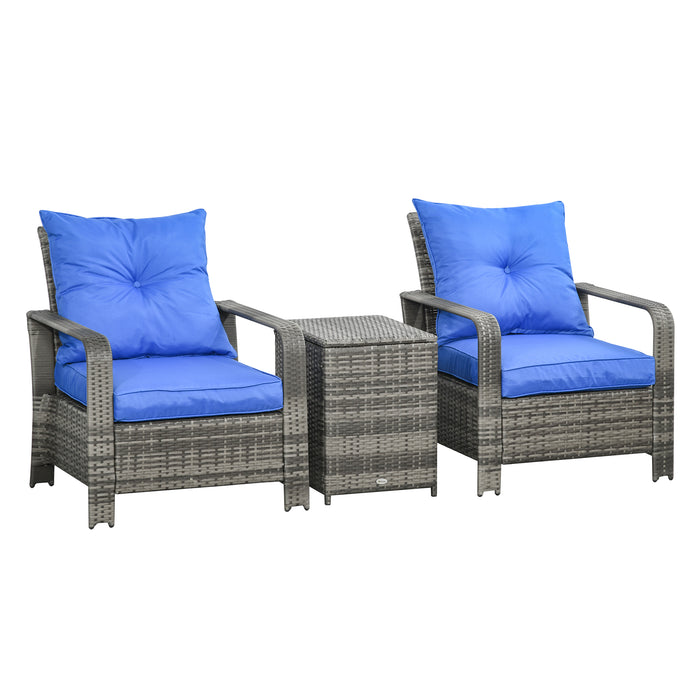 PE Rattan Wicker 3-Piece Patio Bistro Set - Garden Furniture with Storage Table, Sofa, and Chairs, Blue Cushions - Ideal for Conservatory and Outdoor Lounging