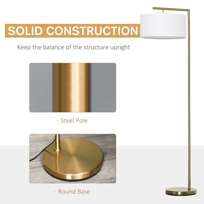 Modern Gold Standing Floor Lamp with White Linen Shade - Elegant Illumination for Living Spaces, Round Base Design - Ideal for Living Room, Bedroom, Dining Room Ambiance
