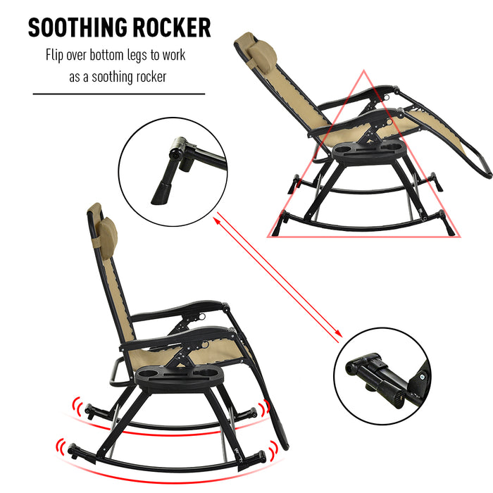 Folding Garden Rocking Chair with Side Holder - Outdoor Beige Zero-Gravity Recliner, Adjustable Sun Lounger with Headrest - Ideal for Patio Deck Relaxation