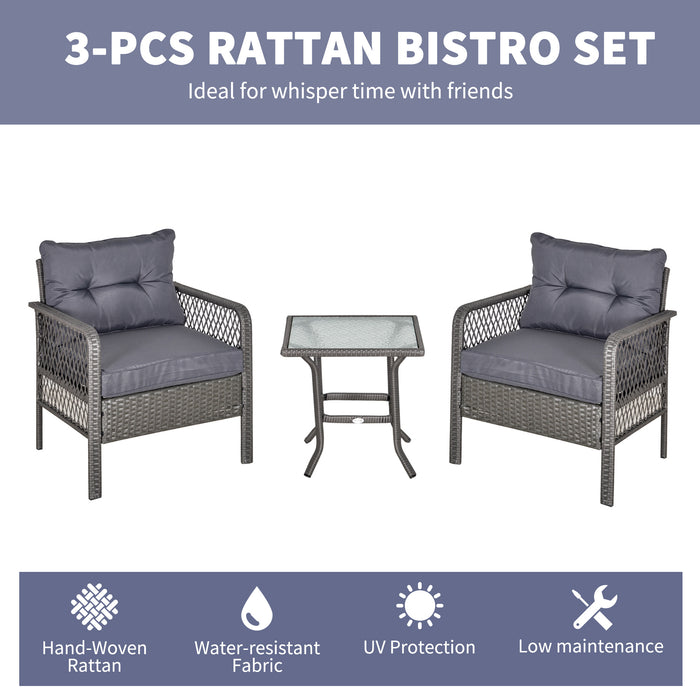 Outdoor Rattan Bistro Set - 2-Seater PE Wicker Patio Furniture with Coffee Table and Cushioned Armrest Chairs, Grey - Ideal for Garden and Balcony Conversations