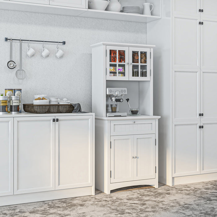 Buffet and Hutch Storage Unit - Elegant White Wooden Cupboard with Glass Door and Drawer for Kitchen Organization - Ideal for Dining and Living Room Essentials Display, 68.6W x 40D x 164Hcm