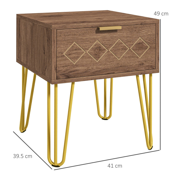 Wooden Nightstand Pair with Drawer - Modern Bedside Table Set with Gold Tone Metal Legs - Elegant Storage Solution for Bedroom Spaces