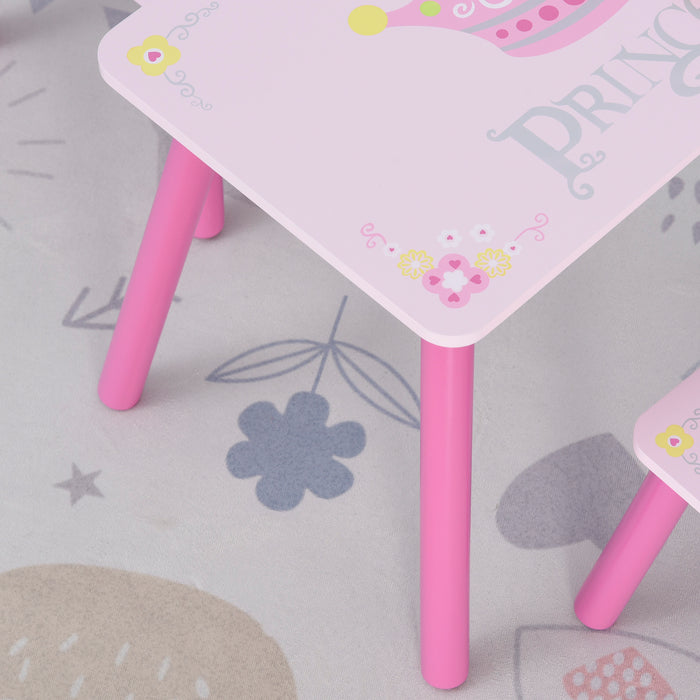 Crown-Themed Kids Wooden Furniture Set - 3-Piece Pink Table and Chair Set with Easy Clean Surface - Ideal for Girls and Toddlers Aged 3-8 Years