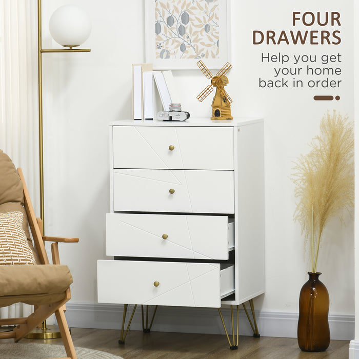 Modern White 4-Drawer Chest - Bedroom Dresser with Sleek Storage Cabinets - Stylish Hairpin Leg Design for Home Organization