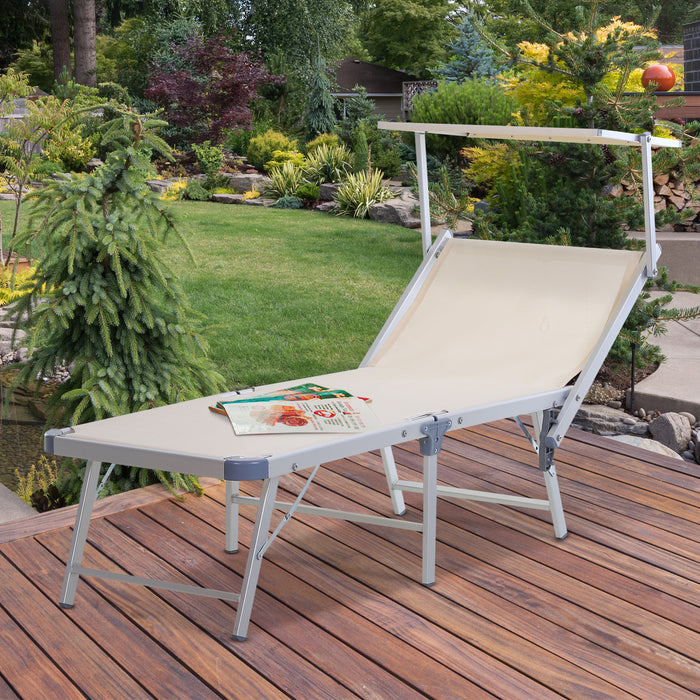 Sun Lounger with Canopy - Adjustable Reclining Texteline Chaise Lounge, Aluminium Frame, Beige - Ideal for Garden Relaxation and Sunbathing