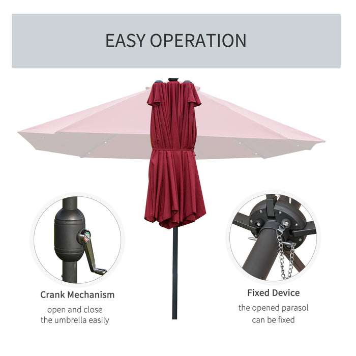 Double-Sided 4.4m Solar LED Outdoor Umbrella - Wine Red Sun Shade Parasol for Garden and Patio - Ideal for Day/Night Relaxation, Base Not Included