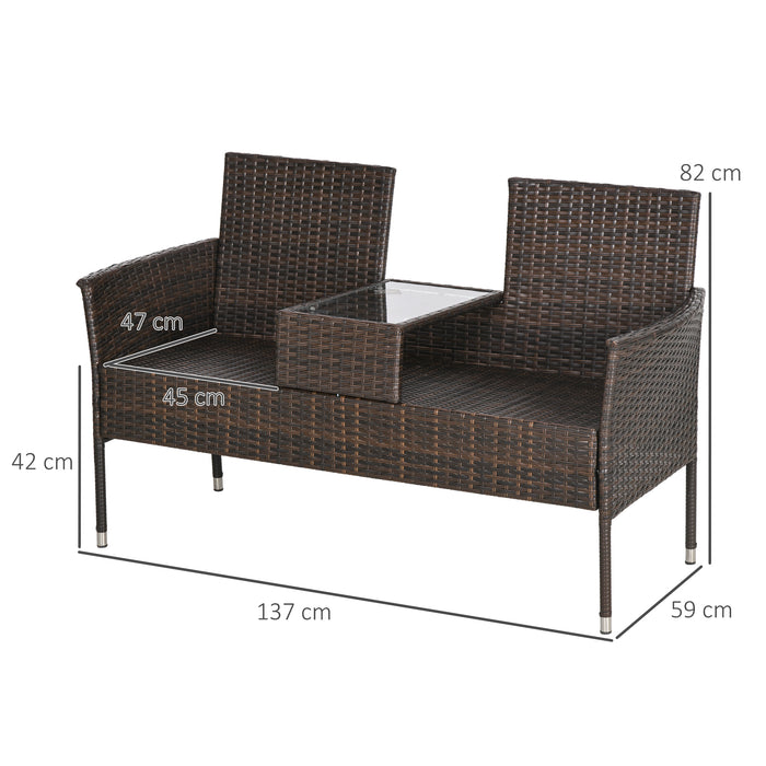 Rattan Double Seater Chair with Integrated Center Table - Stylish Brown Outdoor Furniture for Couples and Small Patios