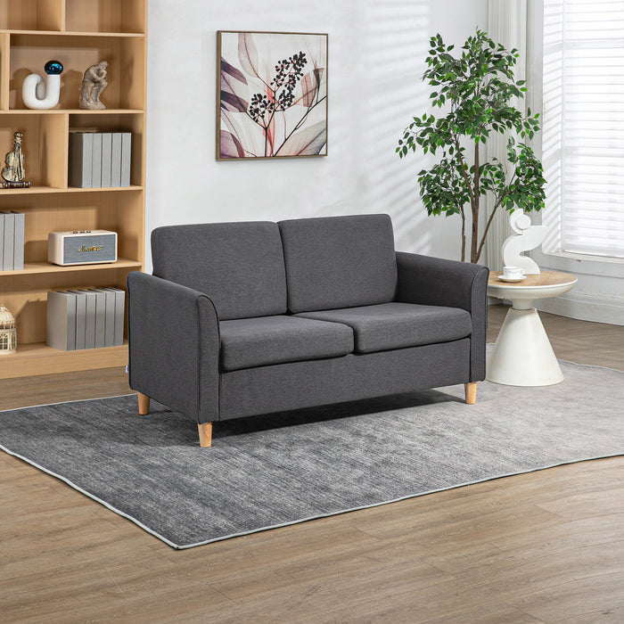 Modern 2-Seater Loveseat - Compact Dark Grey Sofa with Wood Legs and Armrests - Ideal for Small Living Spaces