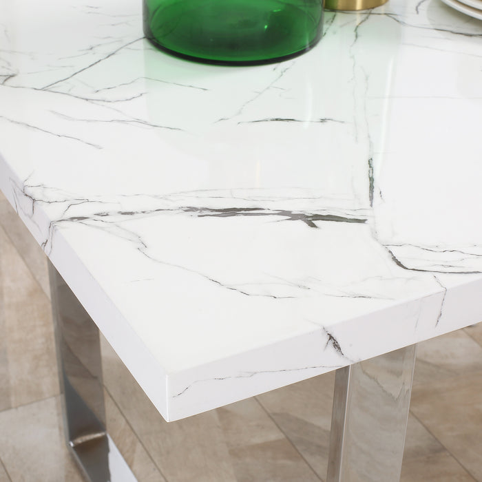 Marble Effect Dining Table - Rectangular 155 cm with Sturdy Steel Legs - Suits 6-8 Guests Perfect for Kitchen and Dining Spaces