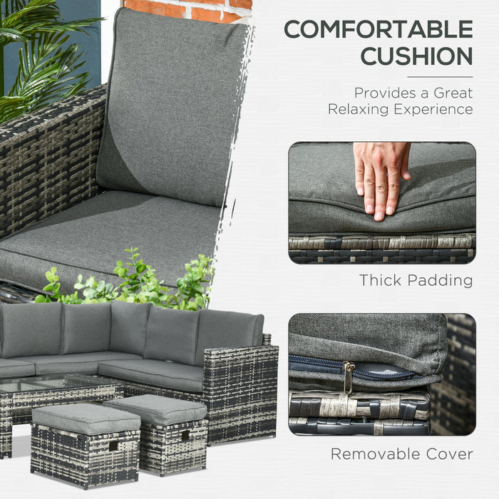 Rattan Outdoor Lounge Suite - 6-Piece, Grey 8-Seater Patio Set with Cushioned Loveseats, Footstools & Table - Ideal for Garden Entertaining and Relaxation