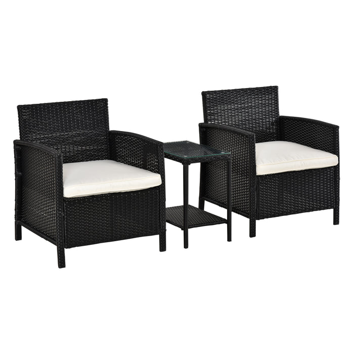 Outdoor Rattan 3-Piece Bistro Set - Wicker Weave Jack and Jill Seat with Cushioned Sofa Chairs & Table - Ideal for Patio, Garden, and Conservatory Entertainment