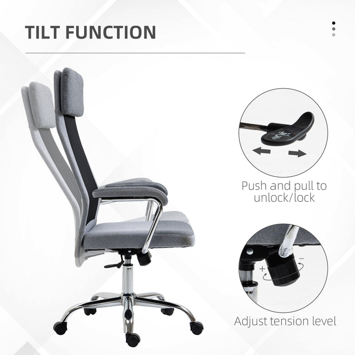 High-Back Linen-Feel Mesh Office Chair - Ergonomic Swivel Task Chair with Arms and Wheels - Comfortable Desk Seating for Home Office Use, Grey