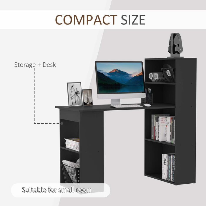 Modern 120cm Computer Desk with Bookshelf - Convenient Workstation for Writing, PC and Laptop Use, Study - Home Office Design with 6 Storage Shelves, Black