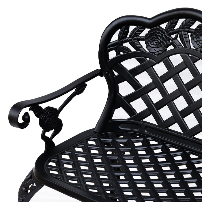 Cast Aluminium Garden Bench - Outdoor 2-Seater Patio Chair with High Back and Armrests in Antique Black - Elegant Seating for Garden and Patio Comfort