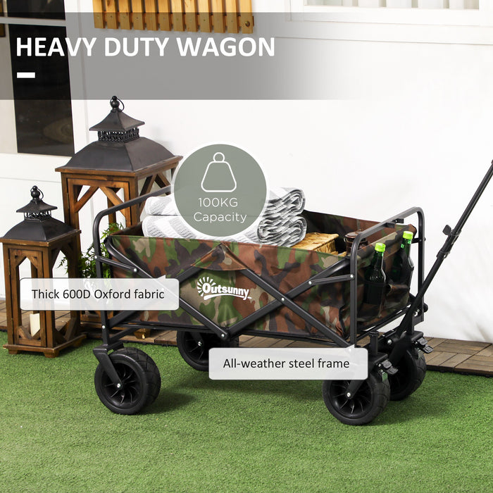 Outdoor Folding Utility Wagon Cart - Camouflage Garden Trolley with Carry Bag, 100KG Load Capacity - Perfect for Beach, Camping, and Festivals