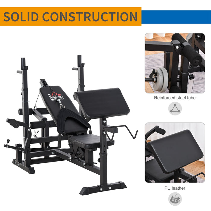 Multi-Exercise Workout Station - Full-Body Weight Rack, Bench Press, Leg Extension, Chest Fly, Resistance Band, Preacher Curl - Ideal for Home Gym and Fitness Enthusiasts