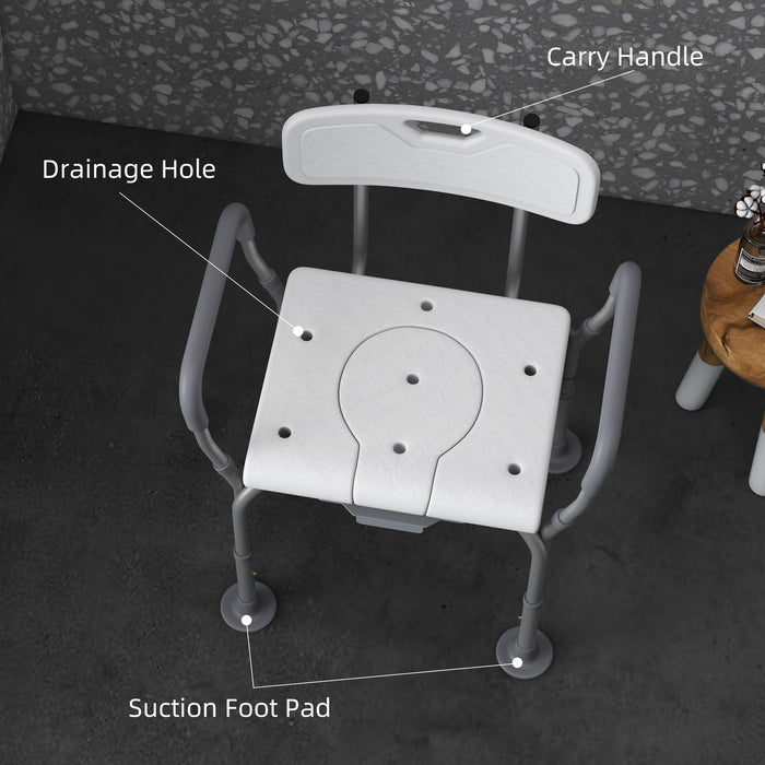 Ergonomic Shower Chair with Adjustable Height – Comfortable Bath Stool with Backrest and Arm Supports, Non-Slip Legs – Safe Bathroom Solution for Seniors with Detachable Commode Bucket