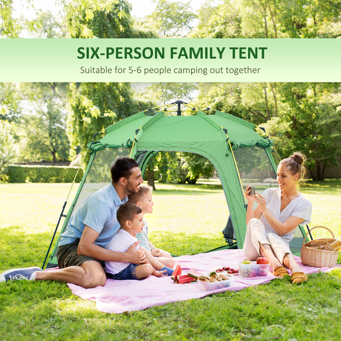 6-Person Instant Pop-Up Camping Tent - Dual-Level, Ventilated Backpacking Shelter with 4 Windows and 2 Doors - Ideal for Family Fishing and Hiking Trips, Includes Portable Carry Bag, Green