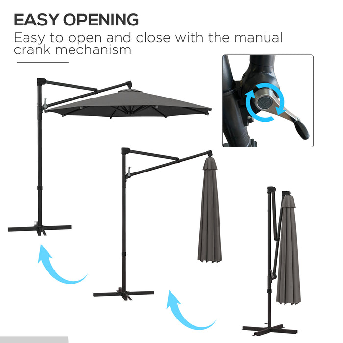 360° Rotating Cantilever Banana Parasol with Cross Base - Outdoor Patio Umbrella with Tilt and Crank Handle, Dark Grey - Ideal for Garden Decks and Poolside Shade