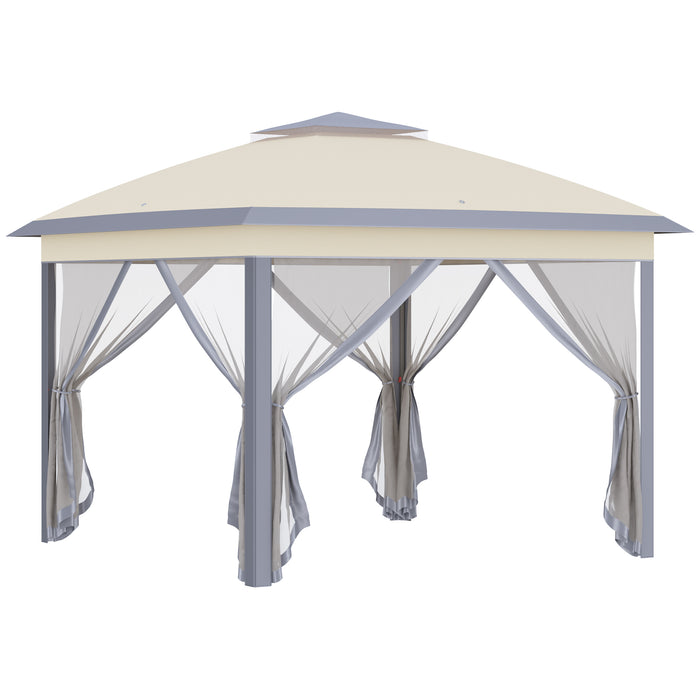 11' x 11' Beige Pop Up Canopy Tent with Double Roof Design - Foldable Structure, Mesh Sidewalls with Zippers, Height Adjustable, Includes Carrying Bag - Perfect for Outdoor Events and Gatherings