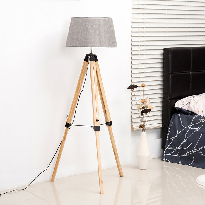 Adjustable Wooden Tripod Floor Lamp - Modern Design with E27 Bulb Compatibility, Grey Shade - Ideal for Contemporary Home Illumination