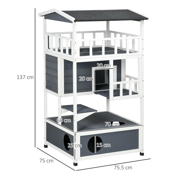 Cats Fir Wood 3-Tier Playhouse - Waterproof Multi-Level Feline Entertainment Center - Ideal for Outdoor Cat Adventures and Relaxation