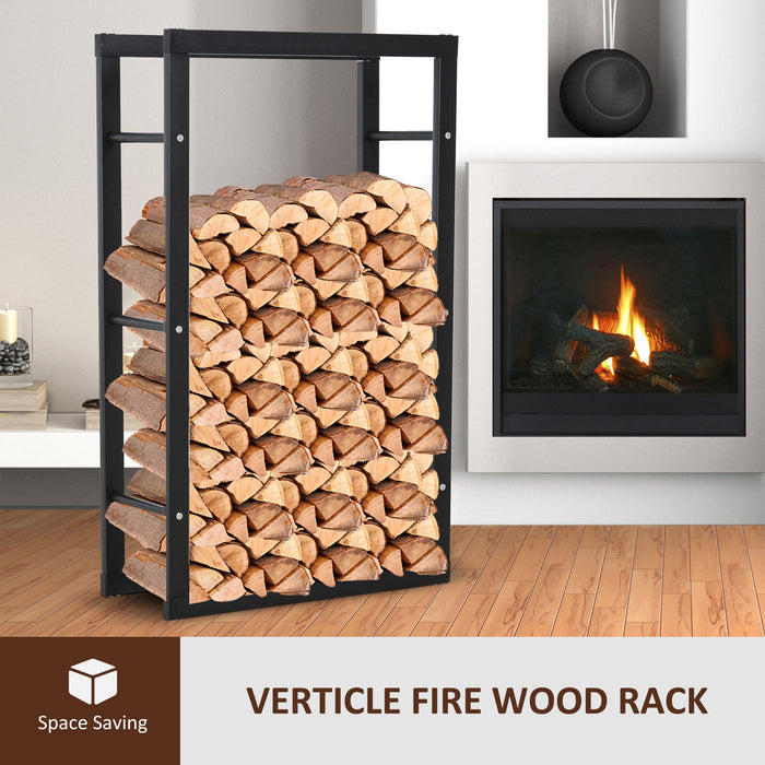 Tall Metal Firewood Rack with Rust-Resistant Coating - Indoor/Outdoor Fireplace Wood Storage Shelf, Black - Ideal for Organized Log Keeping, 60W x 25D x 100H cm